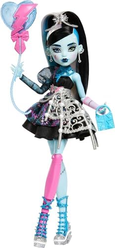 Monster High Scary Sweet Birthday Doll  Frankie Stein in Black Party Dress with Themed Accessories Like Invite  Balloon  Toy  Lipstick and More