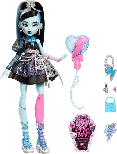 Monster High Scary Sweet Birthday Doll  Frankie Stein in Black Party Dress with Themed Accessories Like Invite  Balloon  Toy  Lipstick and More