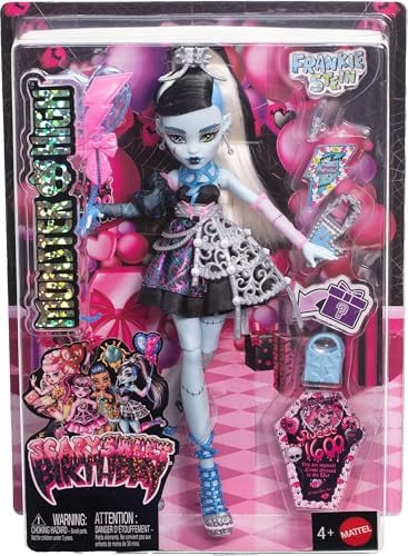 Monster High Scary Sweet Birthday Doll  Frankie Stein in Black Party Dress with Themed Accessories Like Invite  Balloon  Toy  Lipstick and More