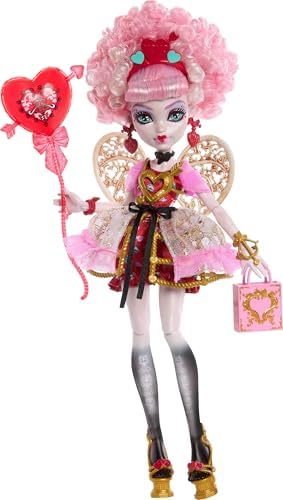 Monster High Scary Sweet Birthday Doll  Cupid Asteria in Pink and Red Party Dress with Themed Accessories Like Invite  Balloon  Gift and More