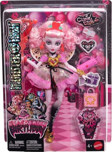 Monster High Scary Sweet Birthday Doll  Cupid Asteria in Pink and Red Party Dress with Themed Accessories Like Invite  Balloon  Gift and More