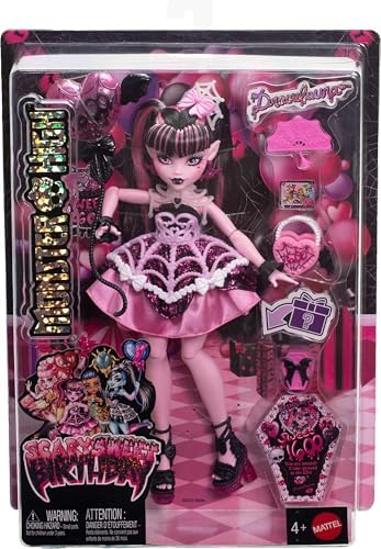 Monster High Scary Sweet Birthday Doll  Draculaura in Pink Party Dress with Themed Accessories Like Invite  Balloon  Gift  Fan and More