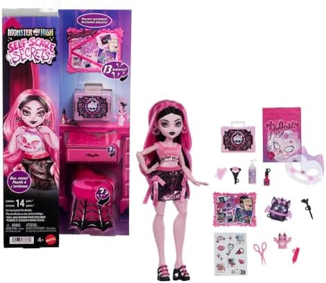 Monster High Self Scare Secrets Draculaura Doll and Accessories Set with 13 Realistic Surprises Like Working Face Roller and Customizable Mood Board