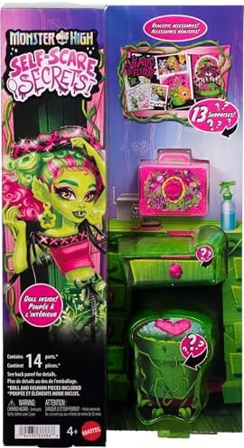 Monster High Self-Scare Secrets Venus McFlytrap - Muñeca y Set de Accesorios con 13 Sorpresas Realistas como Productos para el Cuidado del Cabello, Gorro y Planta
