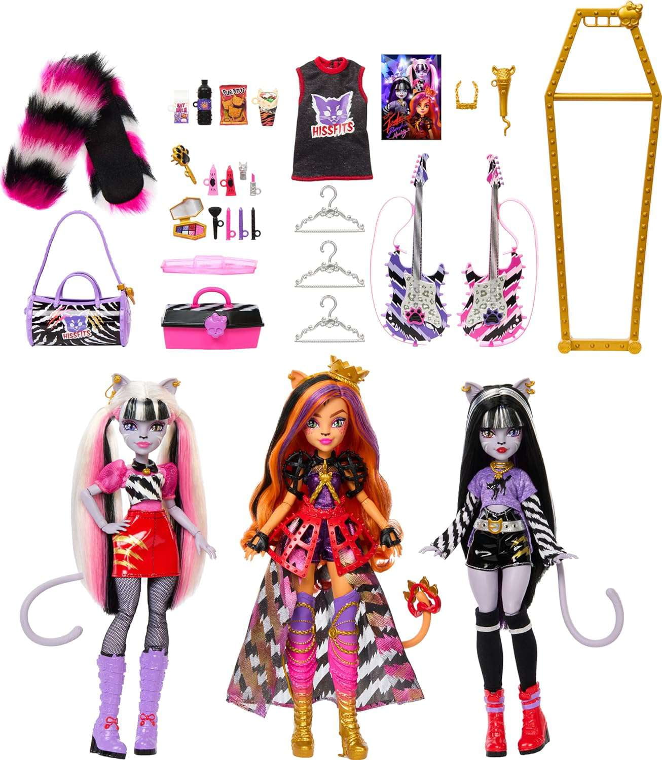 Monster High The Sisfits Purrsephone, Muñeca Meowlody y Toralei, Paquete de 3