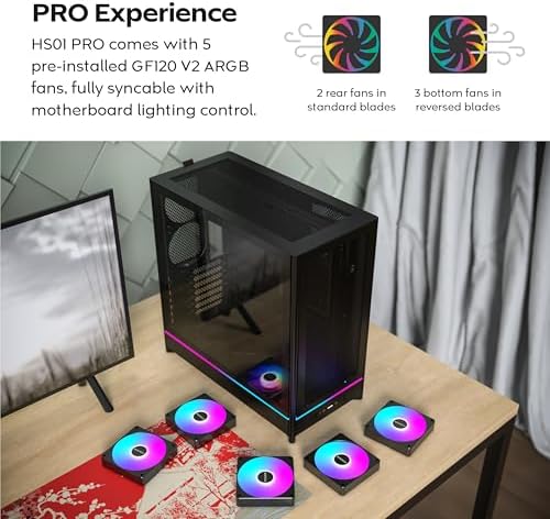 Montech HS Series ATX Mid Tower PC Case  Gaming PC  High Airflow  Reversible Layout  Sturdy Curved Tempered Glass Front Panel  5X ARGB PWM Fan Pre Installed  Sink in Design  HS01 PRO Black 