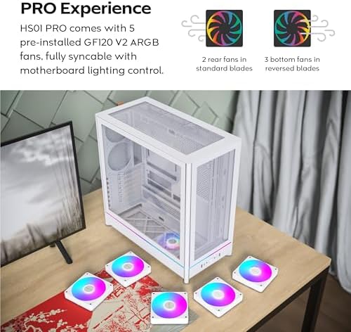 Montech HS Series ATX Mid Tower PC Case  Gaming PC  High Airflow  Reversible Layout  Sturdy Curved Tempered Glass Front Panel  5X ARGB PWM Fan Pre Installed  Sink in Design  HS01 PRO Black 