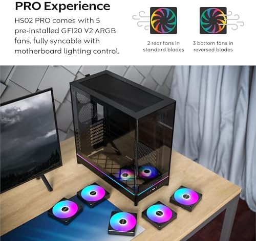 Montech HS Series ATX Mid Tower PC Case  Gaming PC  High Airflow  Reversible Layout  Sturdy Curved Tempered Glass Front Panel  5X ARGB PWM Fan Pre Installed  Sink in Design  HS01 PRO Black 