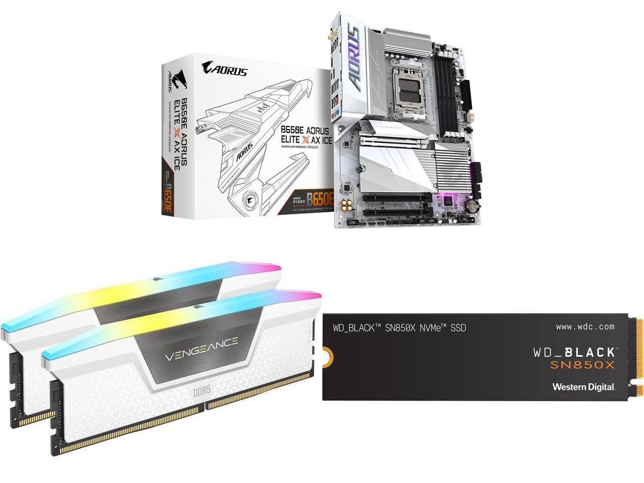 Motherboard Memory SSD Combo    GIGABYTE B650E AORUS ELITE X ICE Bundle with  Corsair CMH32GX5M2E6000C36W  and SanDisk WDS200T2X0E