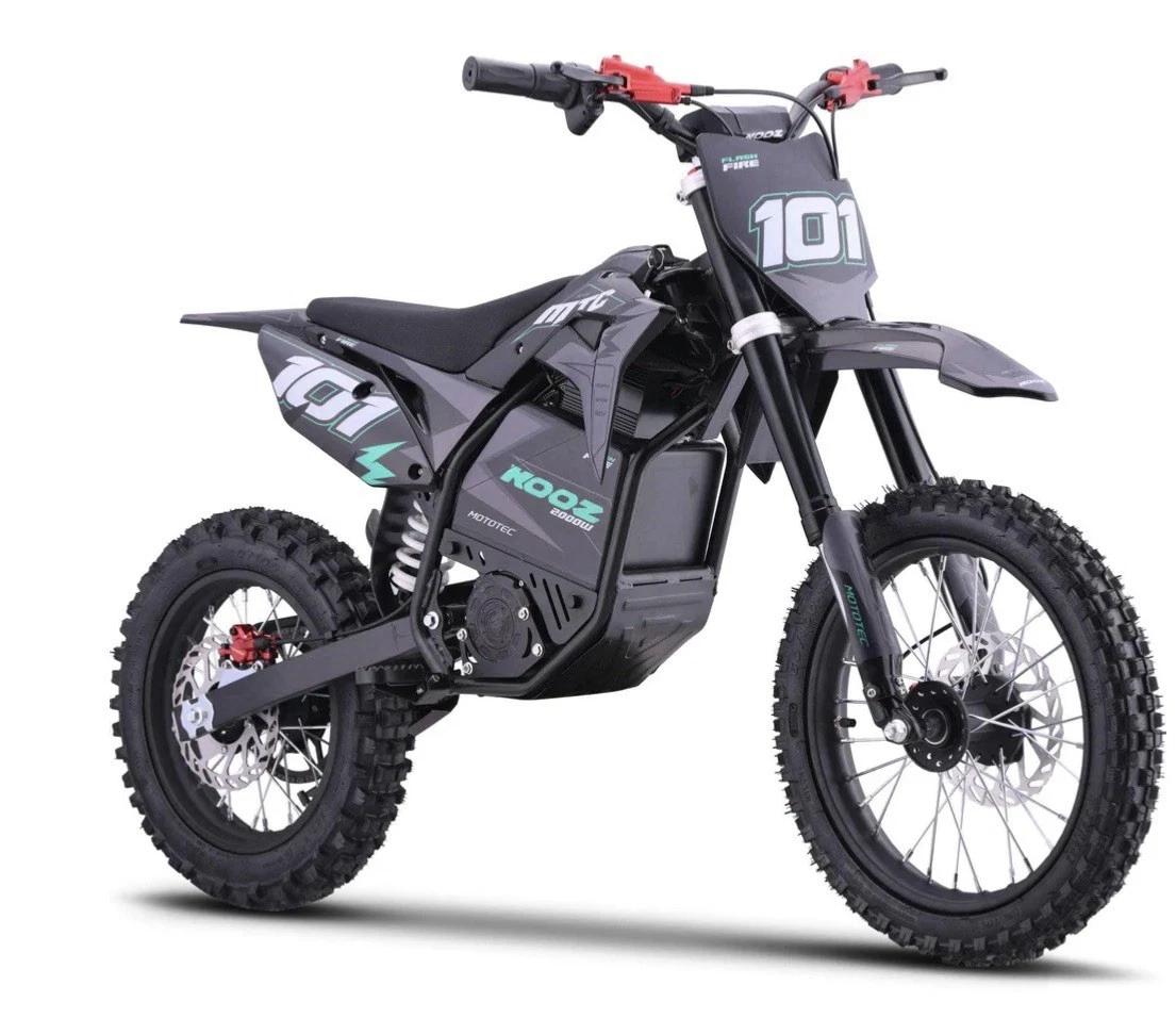 MotoTec KOOZ 2000W Electric Dirt Bike Black  Rear Suspension  Disc Brakes  14in