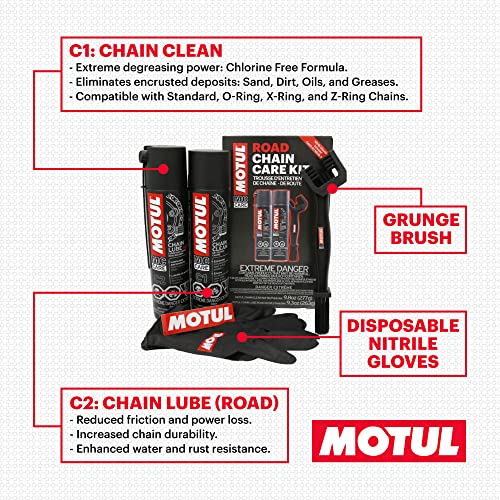 Motul C1 Chain Cleaner and C2 Motorcycle Chain Lube Kit with Brush  Gloves  and Sticker  Complete Road Motorcycle Maintenance Kit for Street Bikes and Karts