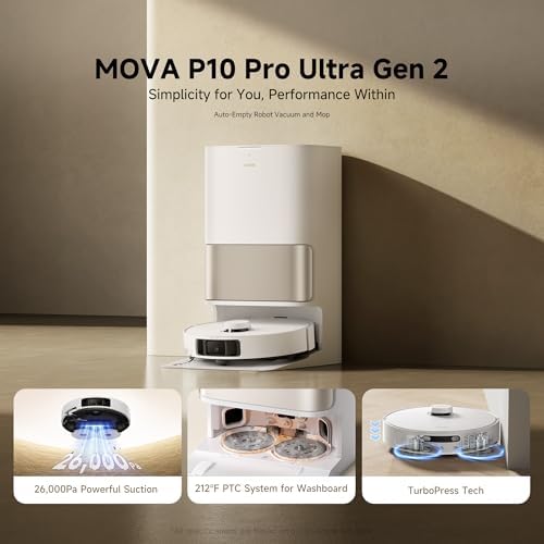 Mova P10 Pro Ultra Gen 2 Robot Vacuum and Mop  26 000Pa Suaction  212 F Hot Water Auto Mop Washing  1 Hour Hot Air Drying  Extenable Mop  All in One Dock  Triple Anti Tangle System for Home