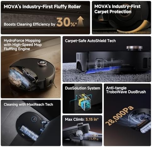 Mova Z60 Ultra Roller Complete Robot Vacuum and Mop  28 000Pa Suction  3 14in Obstacle Crossing  AutoShield for Carpet Protection  Zero Tangling Duobrush  Extendable Roller & Side Brush