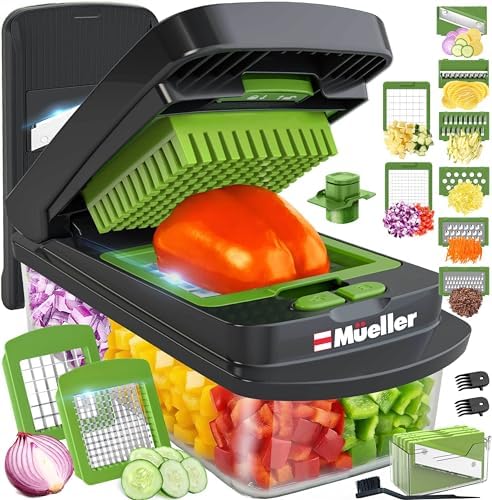 Mueller El verdadero picador original profesional desde 2013 Cortador de verduras mandolina, picador de alimentos de 8 cuchillas, picador de cebolla y verduras con recipiente, utensilios y elementos