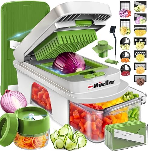 Mueller El verdadero picador original profesional desde 2013 Cortador de verduras mandolina, picador de alimentos de 8 cuchillas, picador de cebolla y verduras con recipiente, utensilios y elementos