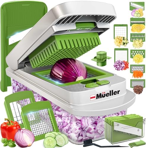 Mueller El verdadero picador original profesional desde 2013 Cortador de verduras mandolina, picador de alimentos de 8 cuchillas, picador de cebolla y verduras con recipiente, utensilios y elementos