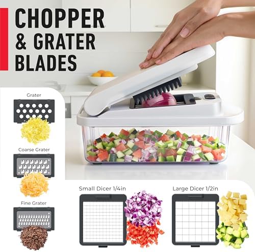 Mueller El verdadero picador original profesional desde 2013 Cortador de verduras mandolina, picador de alimentos de 8 cuchillas, picador de cebolla y verduras con recipiente, utensilios y elementos