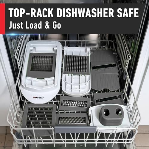 Mueller El verdadero picador original profesional desde 2013 Cortador de verduras mandolina, picador de alimentos de 8 cuchillas, picador de cebolla y verduras con recipiente, utensilios y elementos