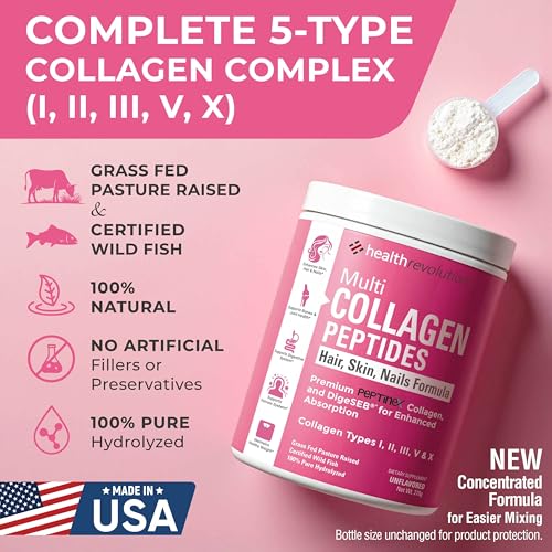 Multi Collagen Protein Powder  Type I  II  III  V  X   5 Hydrolyzed Collagen Peptides  Skin  Hair  Nails & Joints  Triple Refined for Easy Mixing  99  Absorption Rate  Non GMO  Gluten Free  Unflavored