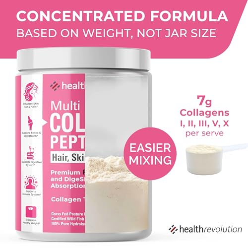 Multi Collagen Protein Powder  Type I  II  III  V  X   5 Hydrolyzed Collagen Peptides  Skin  Hair  Nails & Joints  Triple Refined for Easy Mixing  99  Absorption Rate  Non GMO  Gluten Free  Unflavored