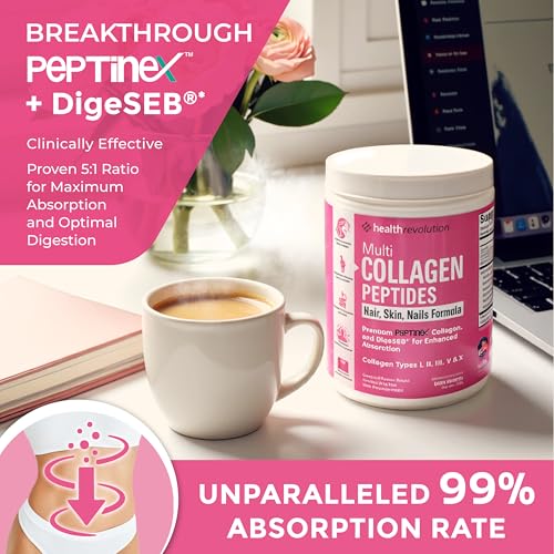 Multi Collagen Protein Powder  Type I  II  III  V  X   5 Hydrolyzed Collagen Peptides  Skin  Hair  Nails & Joints  Triple Refined for Easy Mixing  99  Absorption Rate  Non GMO  Gluten Free  Unflavored
