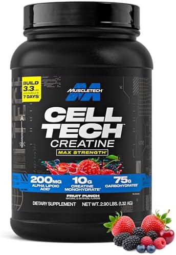 MuscleTech Creatine Monohydrate Powder   Cell Tech Creatine Powder Post Workout Recovery Drink  Muscle Builder & Musclebuilding Creatine Supplement   Fruit Punch  6 lbs  56 Serv    Packaging May Vary