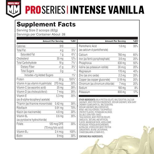 Muscle Milk Pro Series Protein Powder Supplement  Intense Vanilla  5 Pound  28 Servings  50g Protein  3g Sugar  20 Vitamins & Minerals  NSF Certified for Sport  Workout Recovery  Packaging May Vary