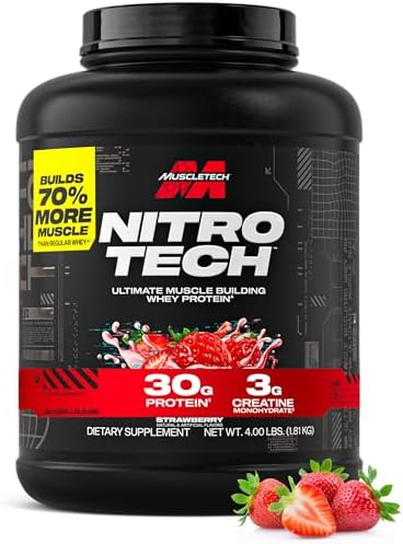 Muscletech Whey Protein Powder  Strawberry  4 Pound    Nitro Tech Ultimate Muscle Building Formula with Whey Protein Isolate   30g of Protein  3g of Creatine & 6 8g of BCAA   Packaging May Vary