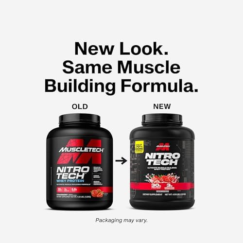 Muscletech Whey Protein Powder  Strawberry  4 Pound    Nitro Tech Ultimate Muscle Building Formula with Whey Protein Isolate   30g of Protein  3g of Creatine & 6 8g of BCAA   Packaging May Vary