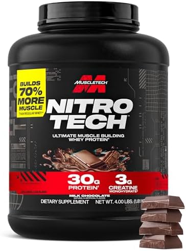 Muscletech Whey Protein Powder  Strawberry  4 Pound    Nitro Tech Ultimate Muscle Building Formula with Whey Protein Isolate   30g of Protein  3g of Creatine & 6 8g of BCAA   Packaging May Vary