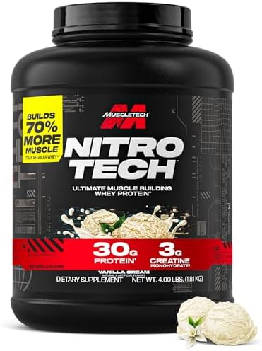 Muscletech Whey Protein Powder  Strawberry  4 Pound    Nitro Tech Ultimate Muscle Building Formula with Whey Protein Isolate   30g of Protein  3g of Creatine & 6 8g of BCAA   Packaging May Vary