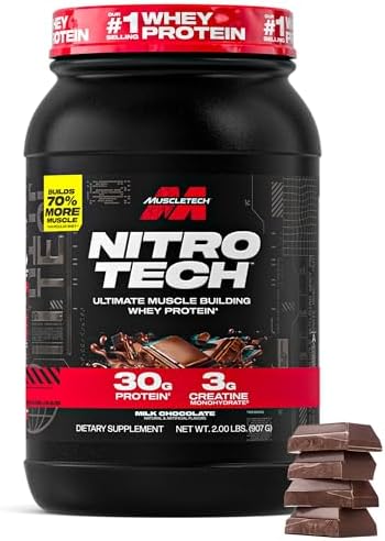 Muscletech Whey Protein Powder  Strawberry  4 Pound    Nitro Tech Ultimate Muscle Building Formula with Whey Protein Isolate   30g of Protein  3g of Creatine & 6 8g of BCAA   Packaging May Vary