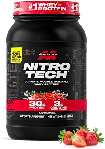 Muscletech Whey Protein Powder  Strawberry  4 Pound    Nitro Tech Ultimate Muscle Building Formula with Whey Protein Isolate   30g of Protein  3g of Creatine & 6 8g of BCAA   Packaging May Vary
