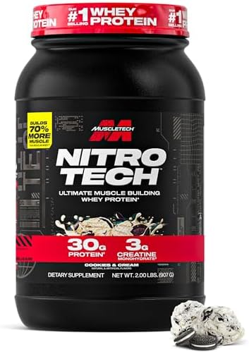 Muscletech Whey Protein Powder  Strawberry  4 Pound    Nitro Tech Ultimate Muscle Building Formula with Whey Protein Isolate   30g of Protein  3g of Creatine & 6 8g of BCAA   Packaging May Vary