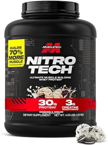 Muscletech Whey Protein Powder  Strawberry  4 Pound    Nitro Tech Ultimate Muscle Building Formula with Whey Protein Isolate   30g of Protein  3g of Creatine & 6 8g of BCAA   Packaging May Vary