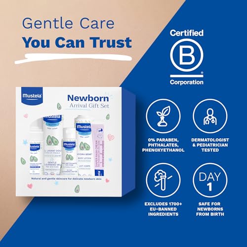 Mustela Newborn Arrival Gift Set Baby Skincare & Bath Time Essentials Natural & Plant Based 5 Items Set