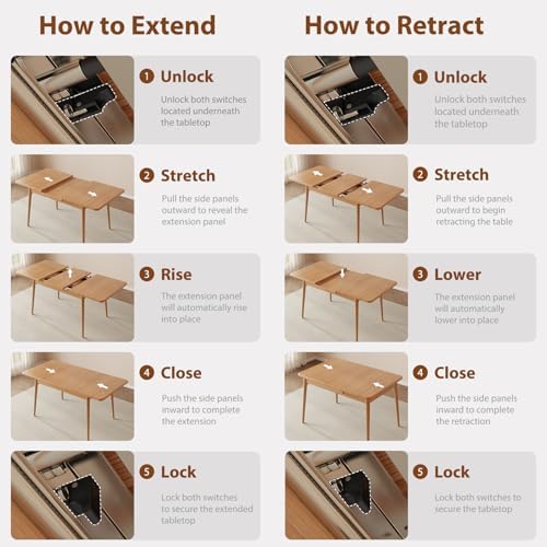 Muwuele Solid Wood Extendable Dining Table for 4 8 People with Seamless Extension from 47 2 to 63 Inches  Easy Assembly  Expandable Tables for Small Spaces  Dining Room  Kitchen  Living Room  Natural