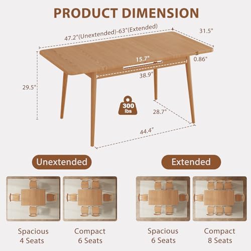 Muwuele Solid Wood Extendable Dining Table for 4 8 People with Seamless Extension from 47 2 to 63 Inches  Easy Assembly  Expandable Tables for Small Spaces  Dining Room  Kitchen  Living Room  Natural