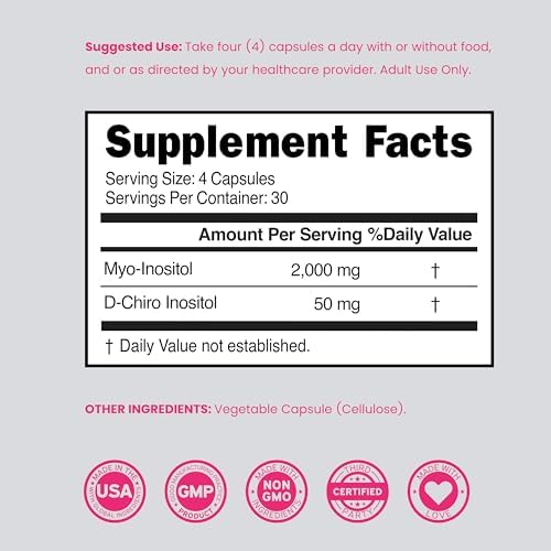 Myo Inositol & D Chiro Inositol Supplement For Women  120 Capsules  2050mg Per Serving Ideal 40 1 Ratio Myo Inositol  Hormone Balance for Women   Third Party Tested  Vegan Safe & USA Made   120 Count