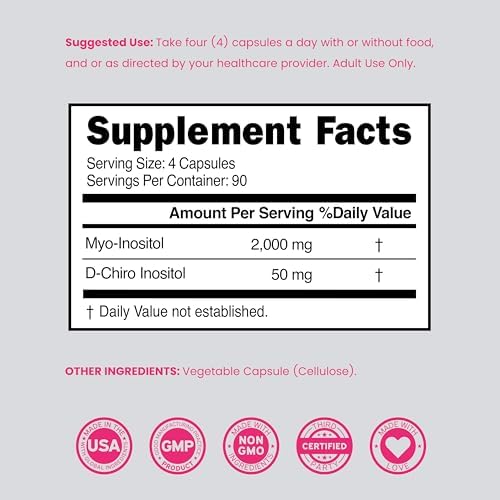 Myo Inositol & D Chiro Inositol Supplement For Women  360 Capsules  2050mg Per Serving Ideal 40 1 Ratio Myo Inositol  Hormone Balance for Women   Third Party Tested  Vegan Safe & USA Made   360 Count