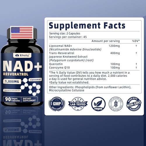 NAD Resveratrol Supplement  Liposomal NAD  Capsules 1800mg with Quercetin & CoQ10  NAD Plus Booster Supplement for Men & Women  Cognitive Function Health  Cell Energy & Healthy Aging  90 Capsules