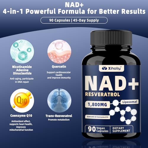 NAD Resveratrol Supplement  Liposomal NAD  Capsules 1800mg with Quercetin & CoQ10  NAD Plus Booster Supplement for Men & Women  Cognitive Function Health  Cell Energy & Healthy Aging  90 Capsules
