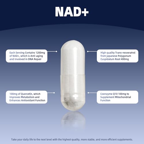 NAD Resveratrol Supplement  Liposomal NAD  Capsules 1800mg with Quercetin & CoQ10  NAD Plus Booster Supplement for Men & Women  Cognitive Function Health  Cell Energy & Healthy Aging  90 Capsules