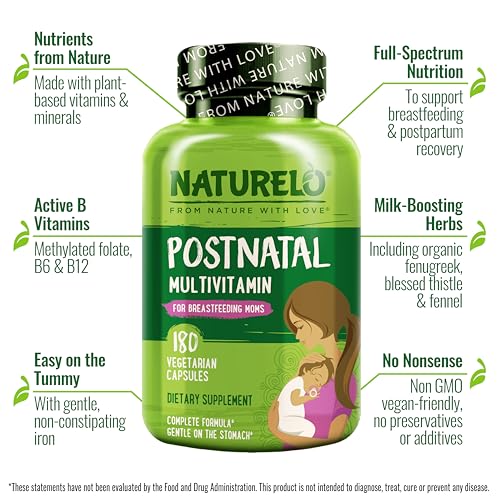 NATURELO Postnatal Multivitamin   Supplement for Breastfeeding Women   Plant Based Vitamin D  Folate  Gentle Iron   for Nursing Mother  Baby   Post Natal Lactation Support 180 Capsules