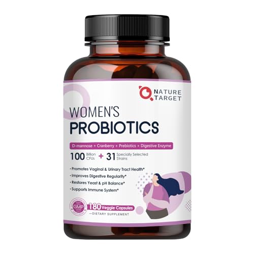 NATURE TARGET Probiotics for Women  100 Billion CFUs Probiotic with Digestive Enzymes & Prebiotics  Vaginal Probiotics with Cranberry for Urinary Tract Health  pH Balance  180 Veggie Capsules