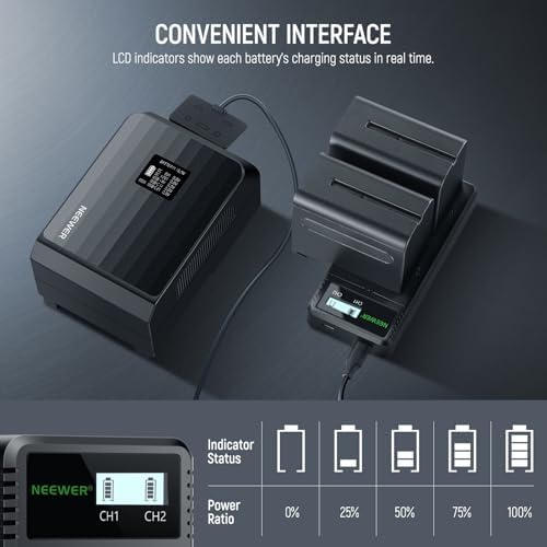 NEEWER 2Pcs NP F970 7800mAh Replacement Batteries with Charger  Type C Battery Compatible with Sony NP F970 F960 F950 F770 F750 F570 F550 FX3 FX30 A7 Canon R5 Nikon Z8  For Handycam LED Light Monitor