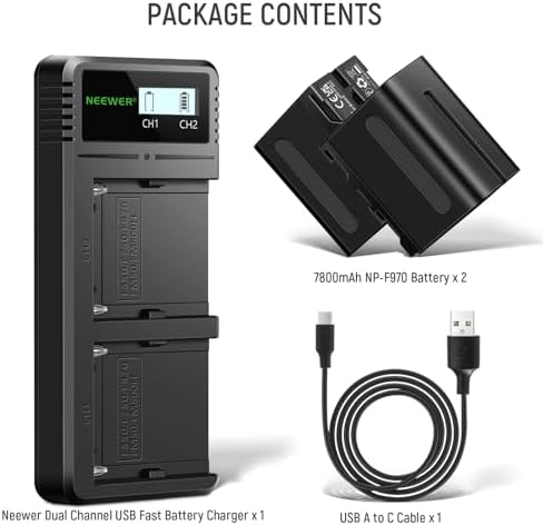 NEEWER 2Pcs NP F970 7800mAh Replacement Batteries with Charger  Type C Battery Compatible with Sony NP F970 F960 F950 F770 F750 F570 F550 FX3 FX30 A7 Canon R5 Nikon Z8  For Handycam LED Light Monitor