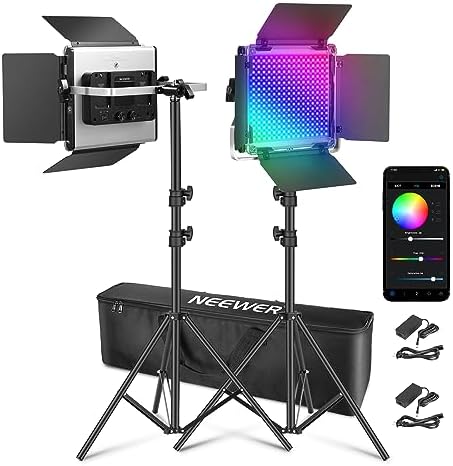 NEEWER 2 Pack 660 PRO RGB LED Video Light with App Control Tripod Stand Kit  Studio Panel Key Lighting for Gaming Streaming Zoom YouTube Webex Photography  360  Full Color  50W Dimmable  Bluetooth