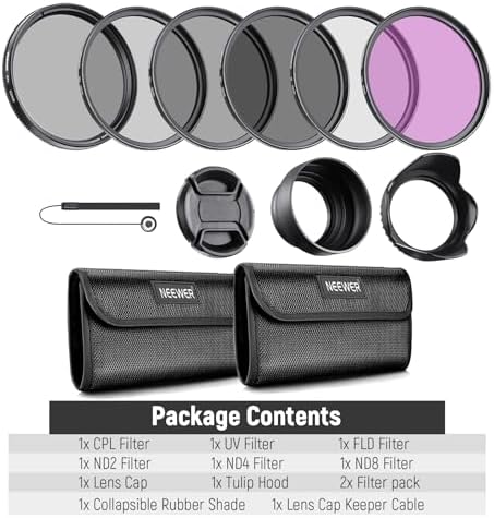 NEEWER 67mm Lens Filter Kit  UV  CPL  FLD  ND2  ND4  ND8  Lens Hood and Lens Cap Compatible with Canon Nikon Sony Panasonic DSLR Cameras with 67mm Lens