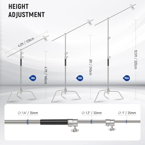 NEEWER Basics 100  Stainless Steel Heavy Duty C Stand with Boom Arm  Max 10 5ft/320cm Photography Light Stand  4 2ft/128cm Holding  2 Grip Heads for Studio Monolight Softbox Reflector  SC320 Lite